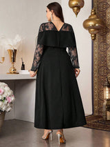 SHEIN Modelyn فستان أسود للمقاسات الكبيرة بأكمام طويلة وخصر ملائم وتباين دانتيل