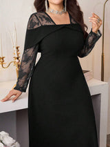 SHEIN Modelyn فستان أسود للمقاسات الكبيرة بأكمام طويلة وخصر ملائم وتباين دانتيل