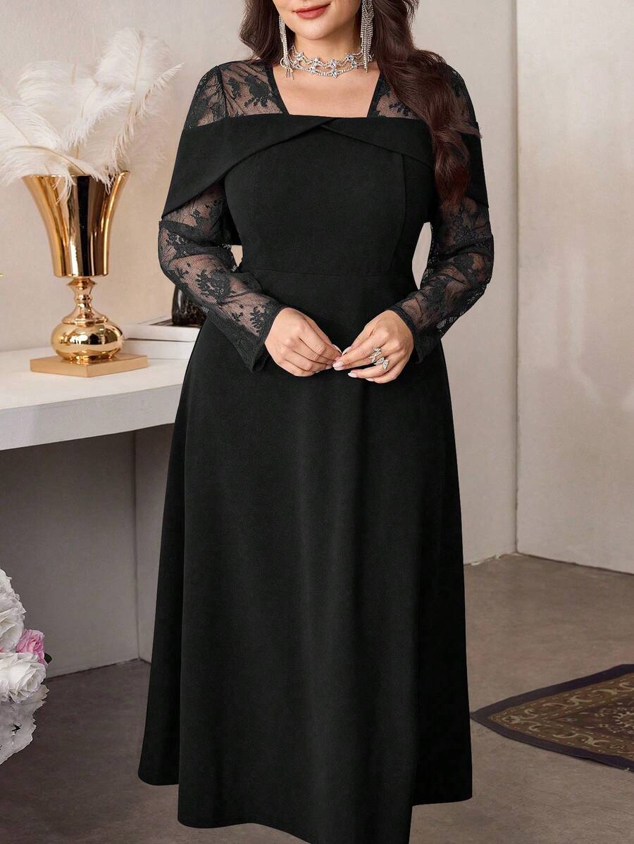 SHEIN Modelyn فستان أسود للمقاسات الكبيرة بأكمام طويلة وخصر ملائم وتباين دانتيل