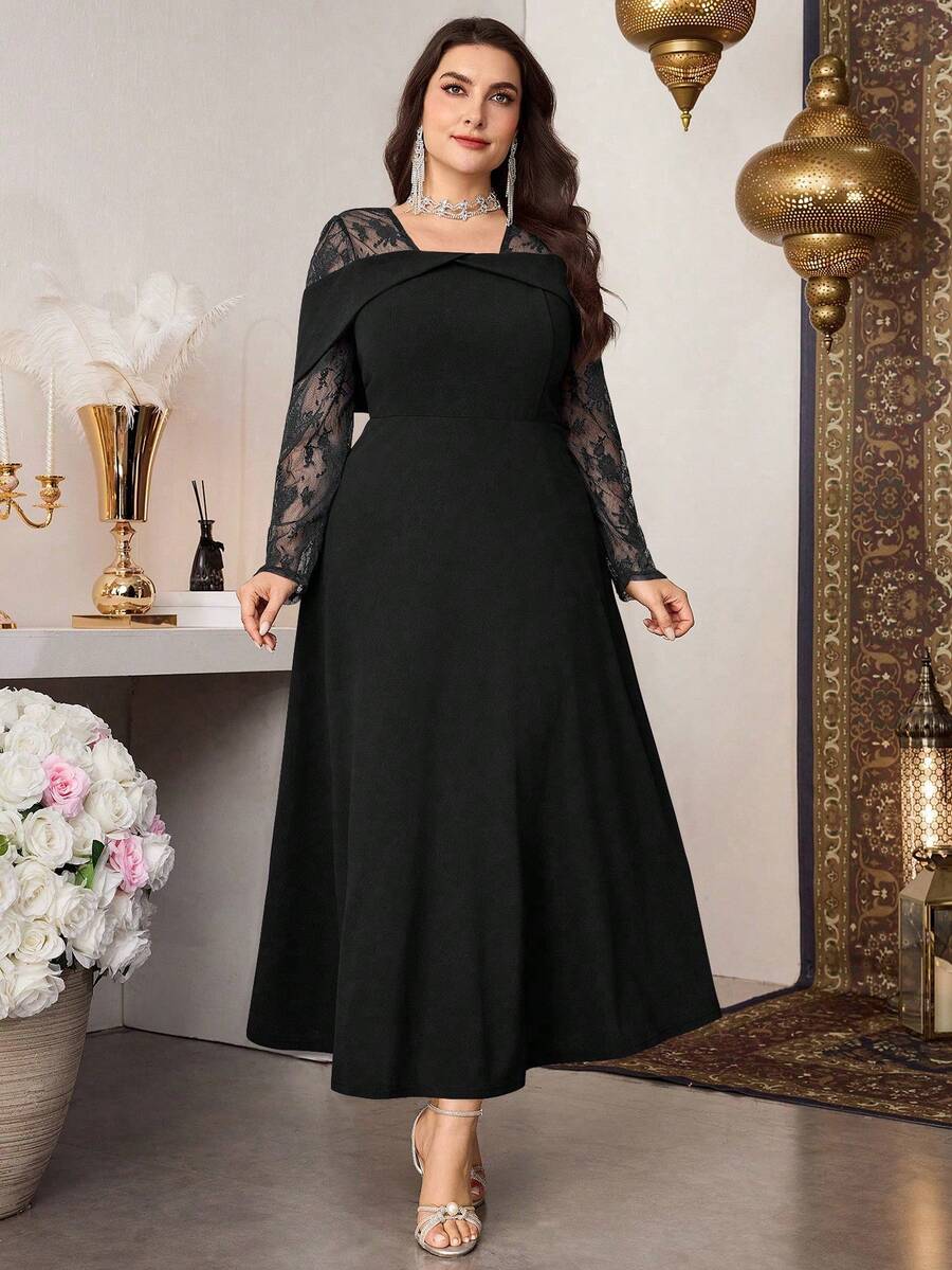 SHEIN Modelyn فستان أسود للمقاسات الكبيرة بأكمام طويلة وخصر ملائم وتباين دانتيل