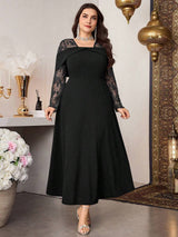 SHEIN Modelyn فستان أسود للمقاسات الكبيرة بأكمام طويلة وخصر ملائم وتباين دانتيل