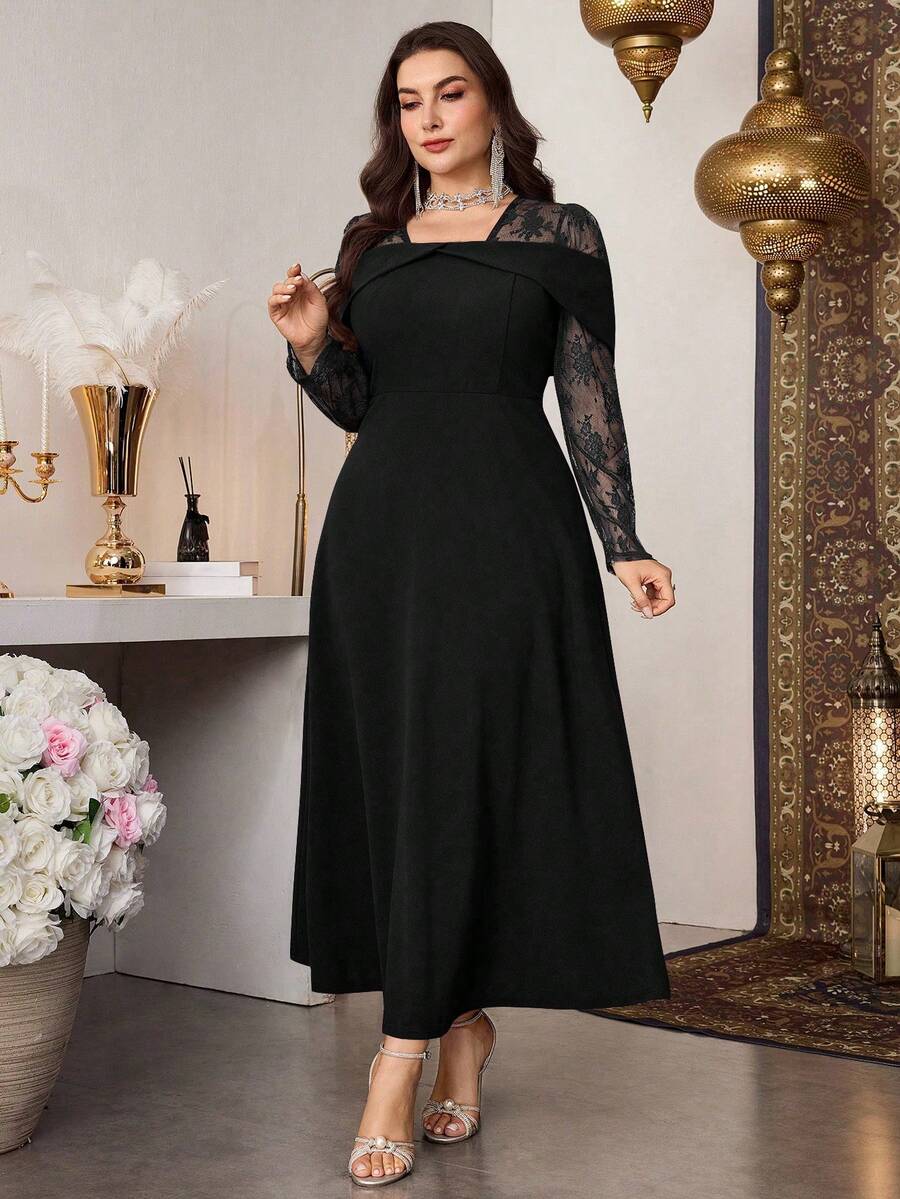 SHEIN Modelyn فستان أسود للمقاسات الكبيرة بأكمام طويلة وخصر ملائم وتباين دانتيل