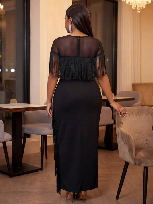 SHEIN Lady CURVE فستان أسود للمقاسات الكبيرة بشبكة وشراشيب