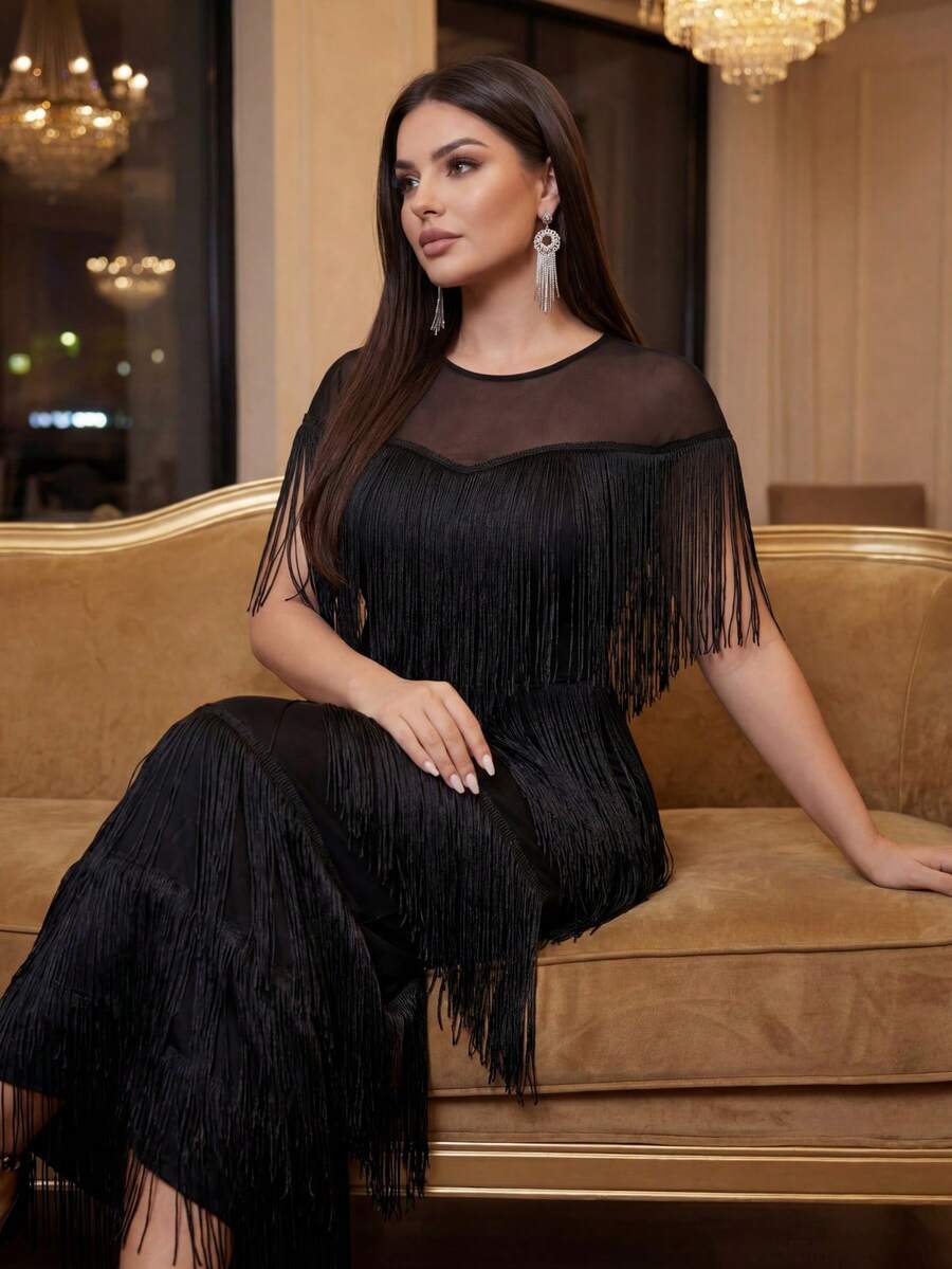 SHEIN Lady CURVE فستان أسود للمقاسات الكبيرة بشبكة وشراشيب