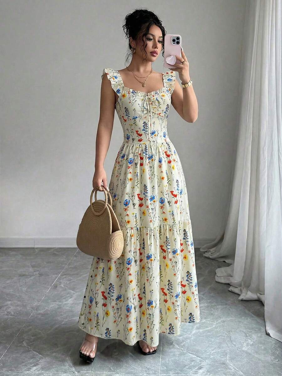SHEIN فستان  مزهر طويل مكشكش بحمالات ربطة صدر