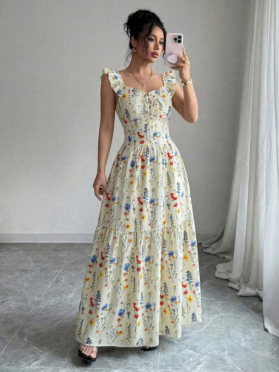 SHEIN فستان  مزهر طويل مكشكش بحمالات ربطة صدر