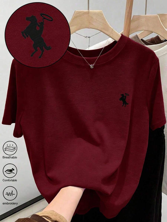 SHEIN Resyla تي شيرت نسائي مطرز بطبعة فارس بلون عنابي