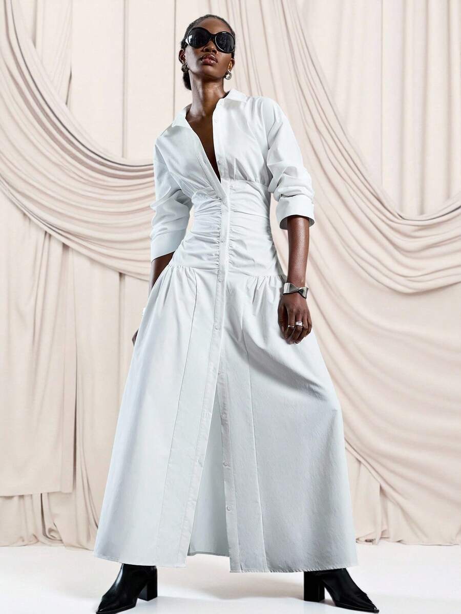 SHEIN LYSMO فستان قميص كاجوال بأكمام طويلة بخصر مجمع بلون أبيض