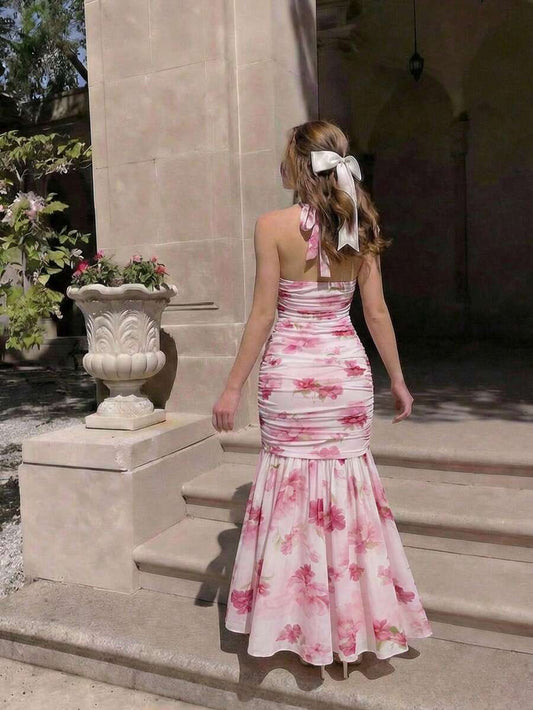 SHEIN MOD فستان وردي أنيق بنقشة مطبوعة غلي الرقبة