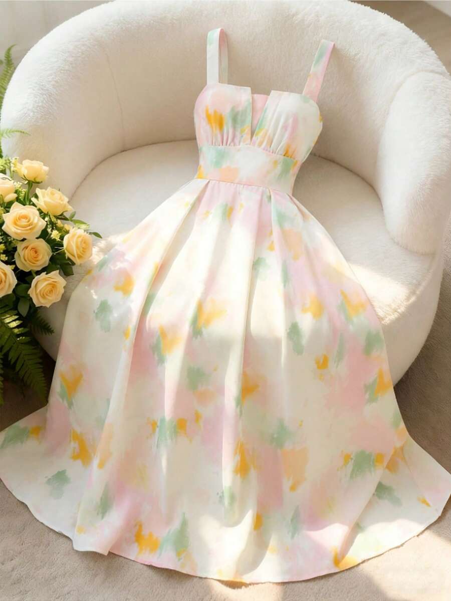 SHEIN فستان أنيق بطبعة زهور بحمالات وظهر مكشوف
