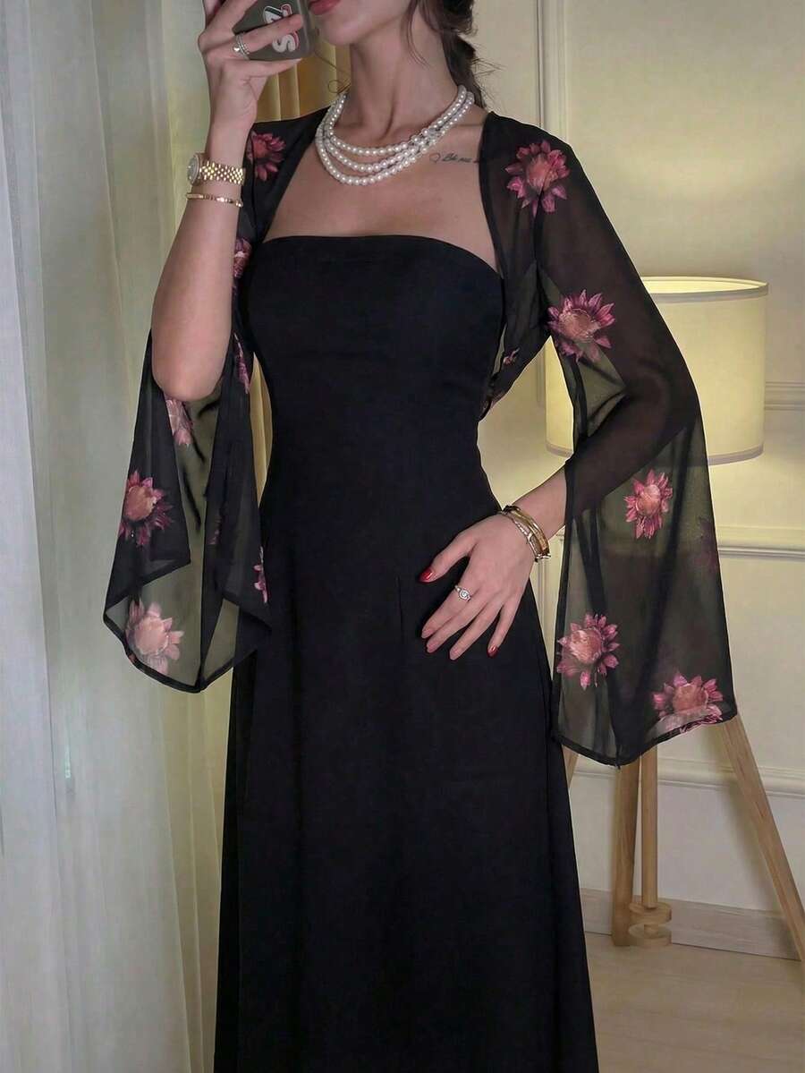 SHEIN Firerie فستان أسود بطبعة زهرية وياقة مربعة بأكمام منشقة