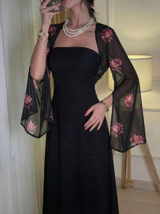 SHEIN Firerie فستان أسود بطبعة زهرية وياقة مربعة بأكمام منشقة