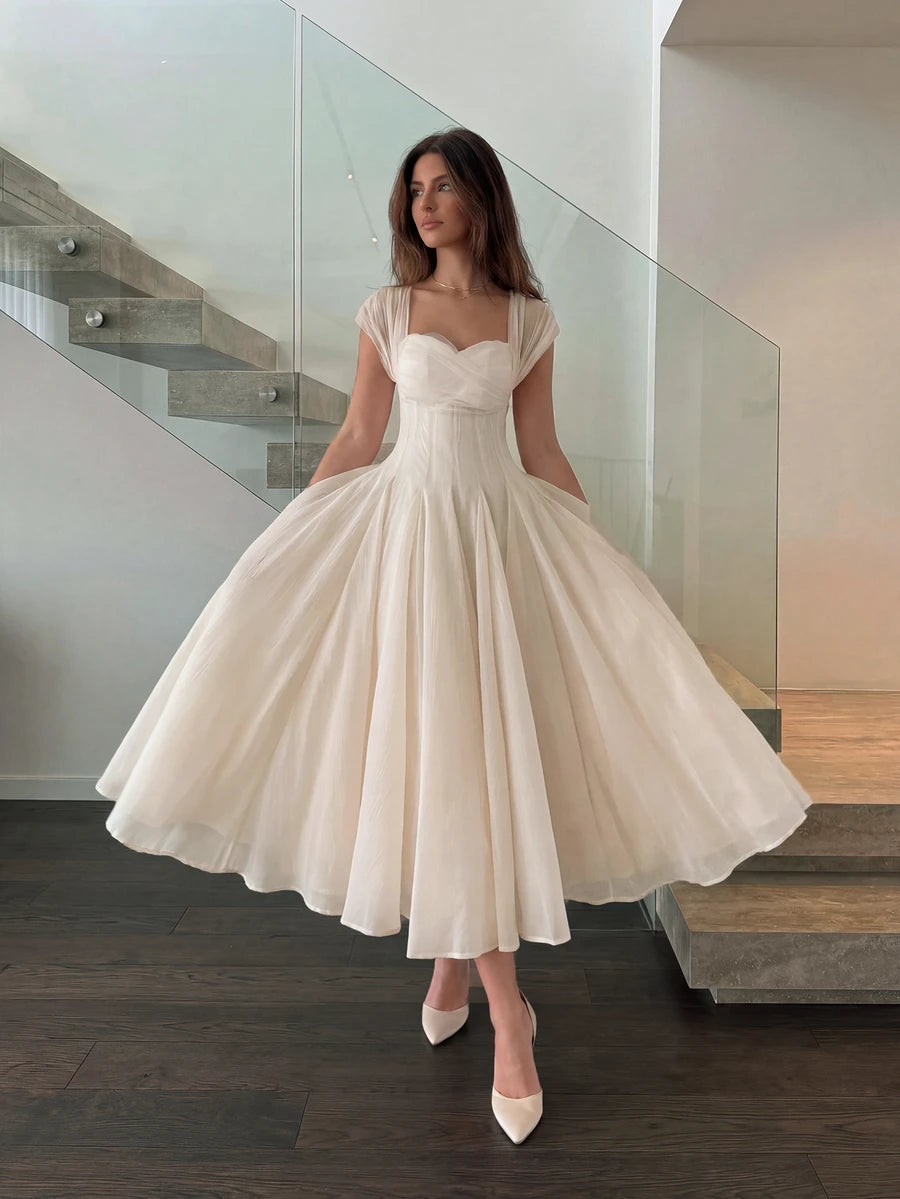 SHEIN فستان طويل أنيق مطوي رومانسي بلون مشمشي