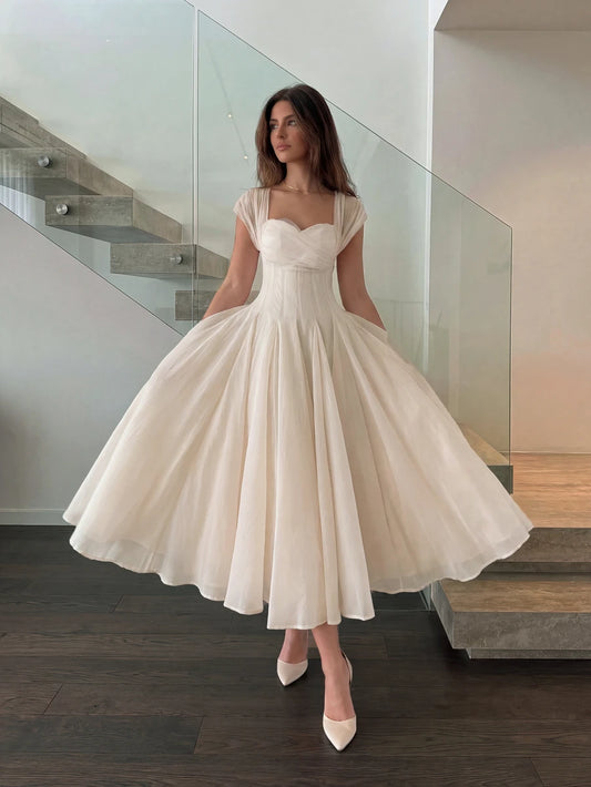 SHEIN فستان طويل أنيق مطوي رومانسي بلون مشمشي