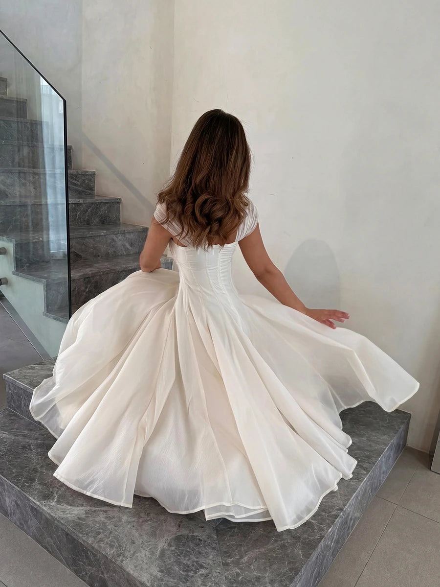 SHEIN فستان طويل أنيق مطوي رومانسي بلون مشمشي