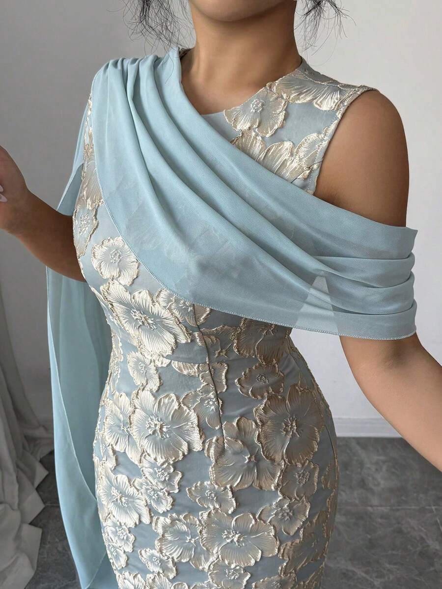 SHEIN Elenzga فستان ماكسي أخضر بنسيج جاكارد ذهبي مع شال شيفون