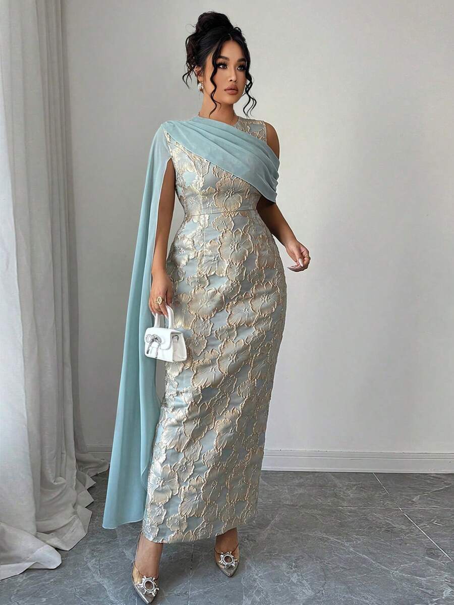 SHEIN Elenzga فستان ماكسي أخضر بنسيج جاكارد ذهبي مع شال شيفون