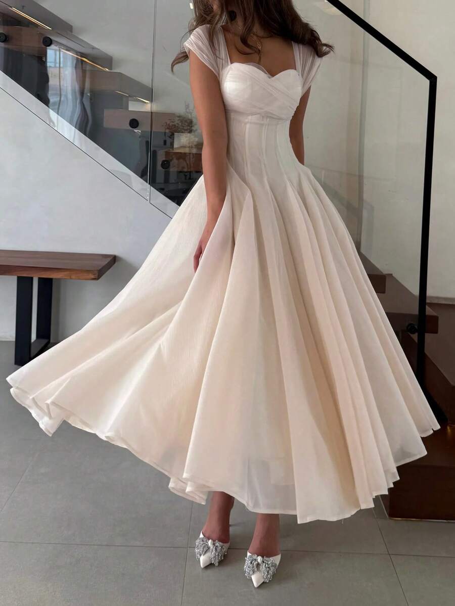 SHEIN فستان طويل أنيق مطوي رومانسي بلون مشمشي