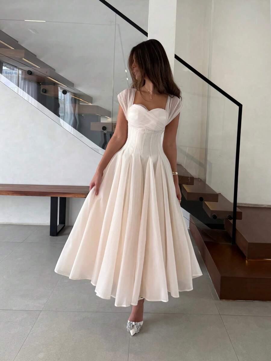 SHEIN فستان طويل أنيق مطوي رومانسي بلون مشمشي