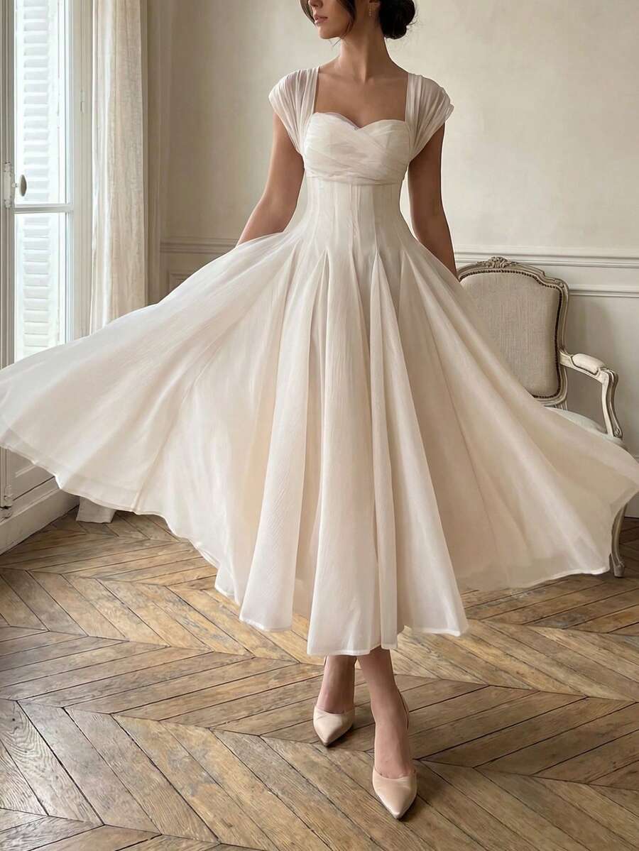 SHEIN فستان طويل أنيق مطوي رومانسي بلون مشمشي