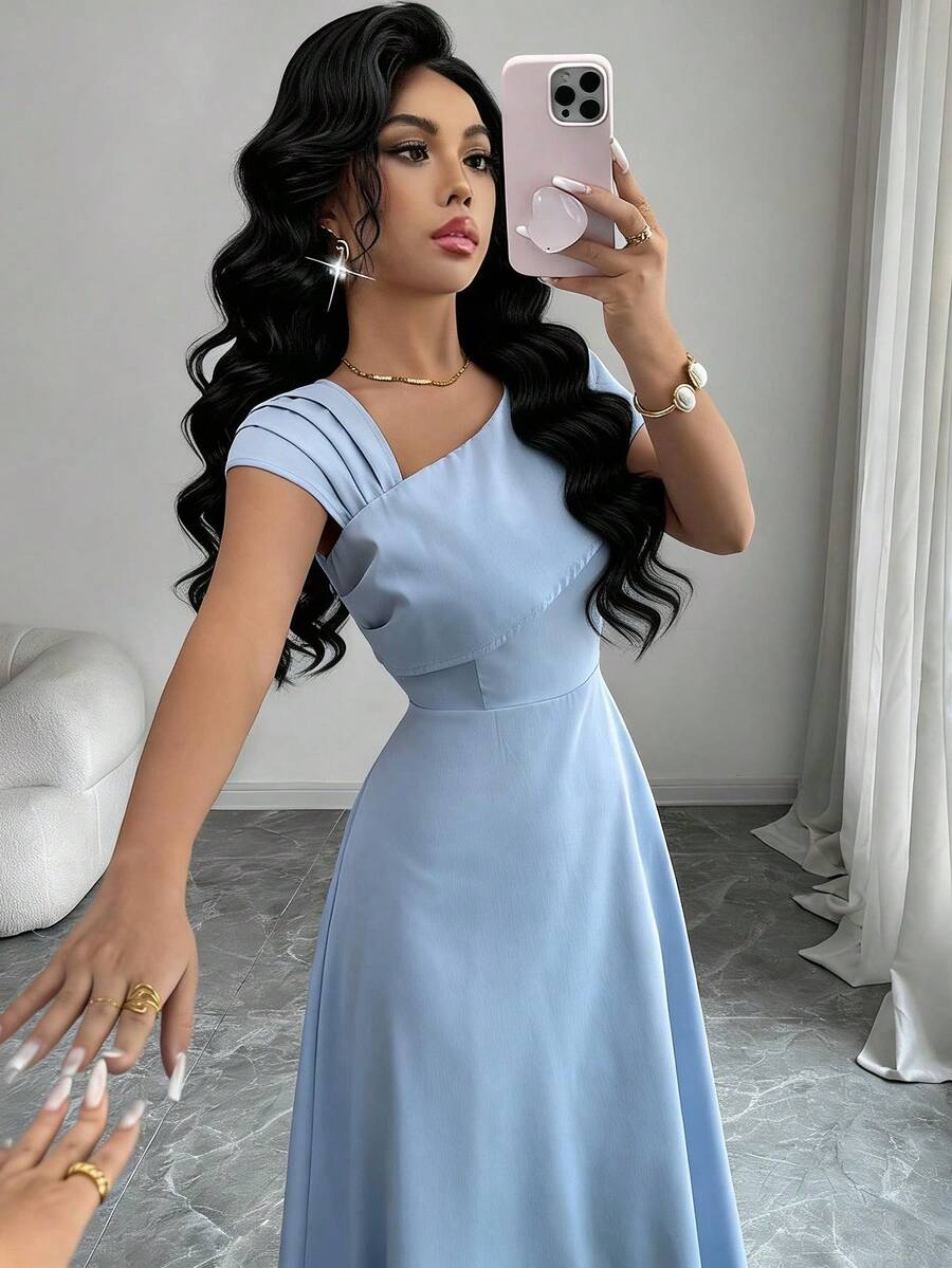 SHEIN Modelyn فستان أزرق سادة أنيق بخصر مطوي