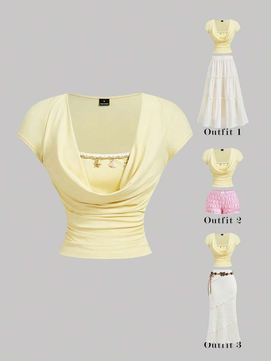 SHEIN MOD تي شيرت بلون أصفر فاتح مجعد ضيق كاجوال