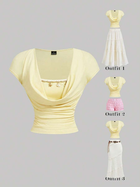 SHEIN MOD تي شيرت بلون أصفر فاتح مجعد ضيق كاجوال