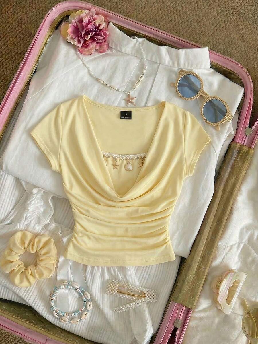 SHEIN MOD تي شيرت بلون أصفر فاتح مجعد ضيق كاجوال