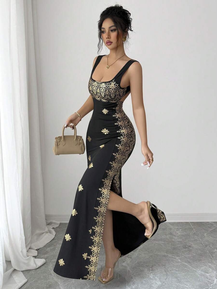SHEIN Raffinéa فستان ذهبي وأسود بحمالات سباغيتي وظهر مكشوف