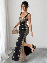 SHEIN Raffinéa فستان ذهبي وأسود بحمالات سباغيتي وظهر مكشوف