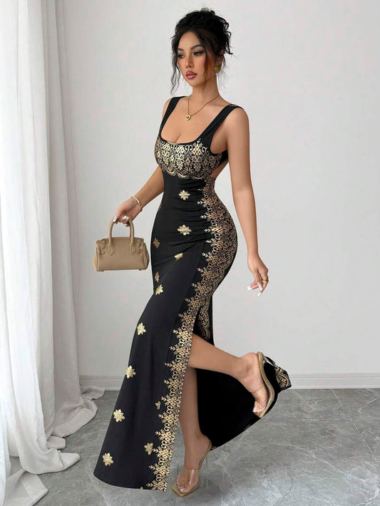 SHEIN Raffinéa فستان ذهبي وأسود بحمالات سباغيتي وظهر مكشوف