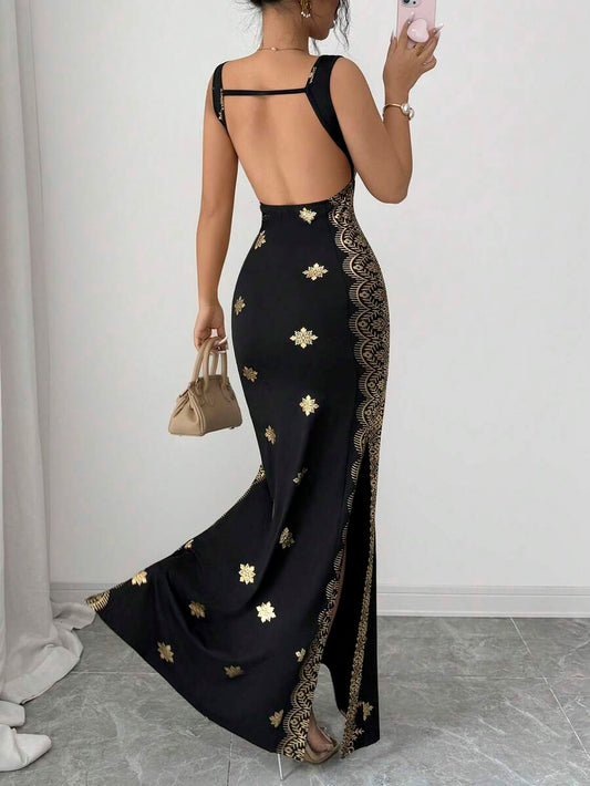 SHEIN Raffinéa فستان ذهبي وأسود بحمالات سباغيتي وظهر مكشوف