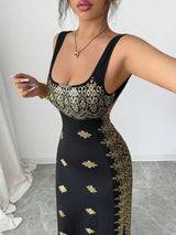 SHEIN Raffinéa فستان ذهبي وأسود بحمالات سباغيتي وظهر مكشوف