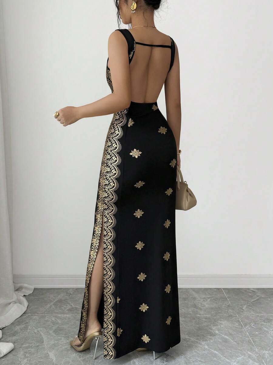 SHEIN Raffinéa فستان ذهبي وأسود بحمالات سباغيتي وظهر مكشوف