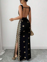 SHEIN Raffinéa فستان ذهبي وأسود بحمالات سباغيتي وظهر مكشوف