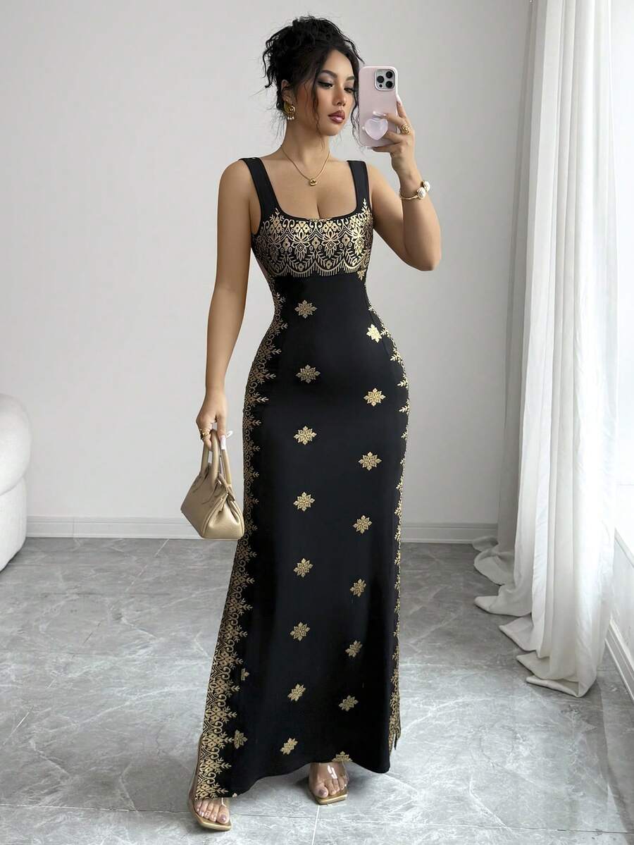 SHEIN Raffinéa فستان ذهبي وأسود بحمالات سباغيتي وظهر مكشوف