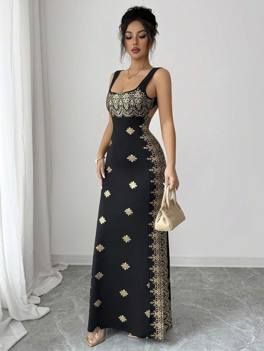 SHEIN Raffinéa فستان ذهبي وأسود بحمالات سباغيتي وظهر مكشوف