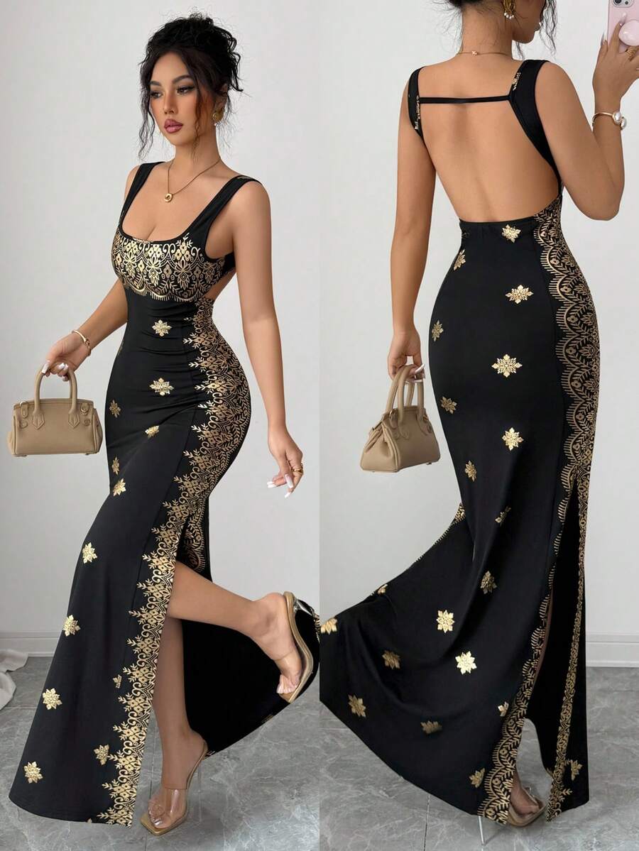 SHEIN Raffinéa فستان ذهبي وأسود بحمالات سباغيتي وظهر مكشوف