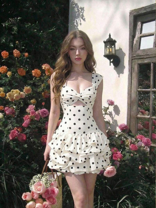 SHEIN MOD فستان قصير أنيق بياقة قلب بدون أكمام بطباعة نقاط بولكا