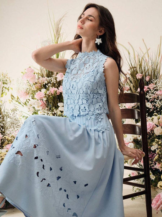 SHEIN Anewsta فستان أنيق مطرز بالزهور بدون أكمام