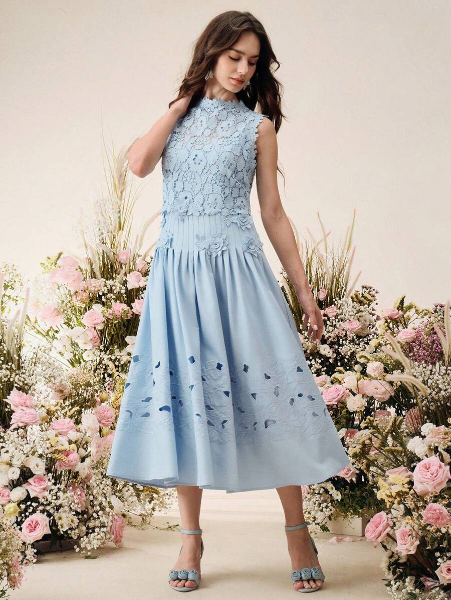SHEIN Anewsta فستان أنيق مطرز بالزهور بدون أكمام
