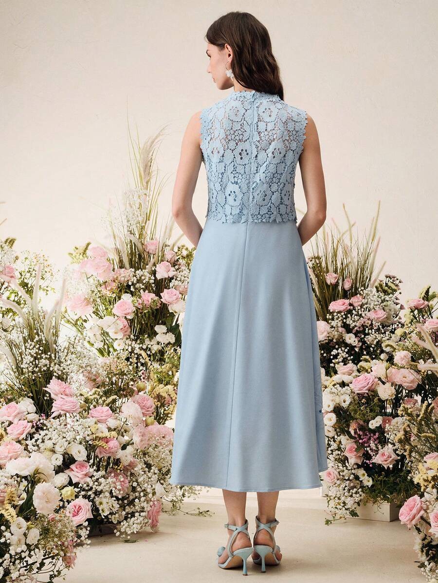 SHEIN Anewsta فستان أنيق مطرز بالزهور بدون أكمام
