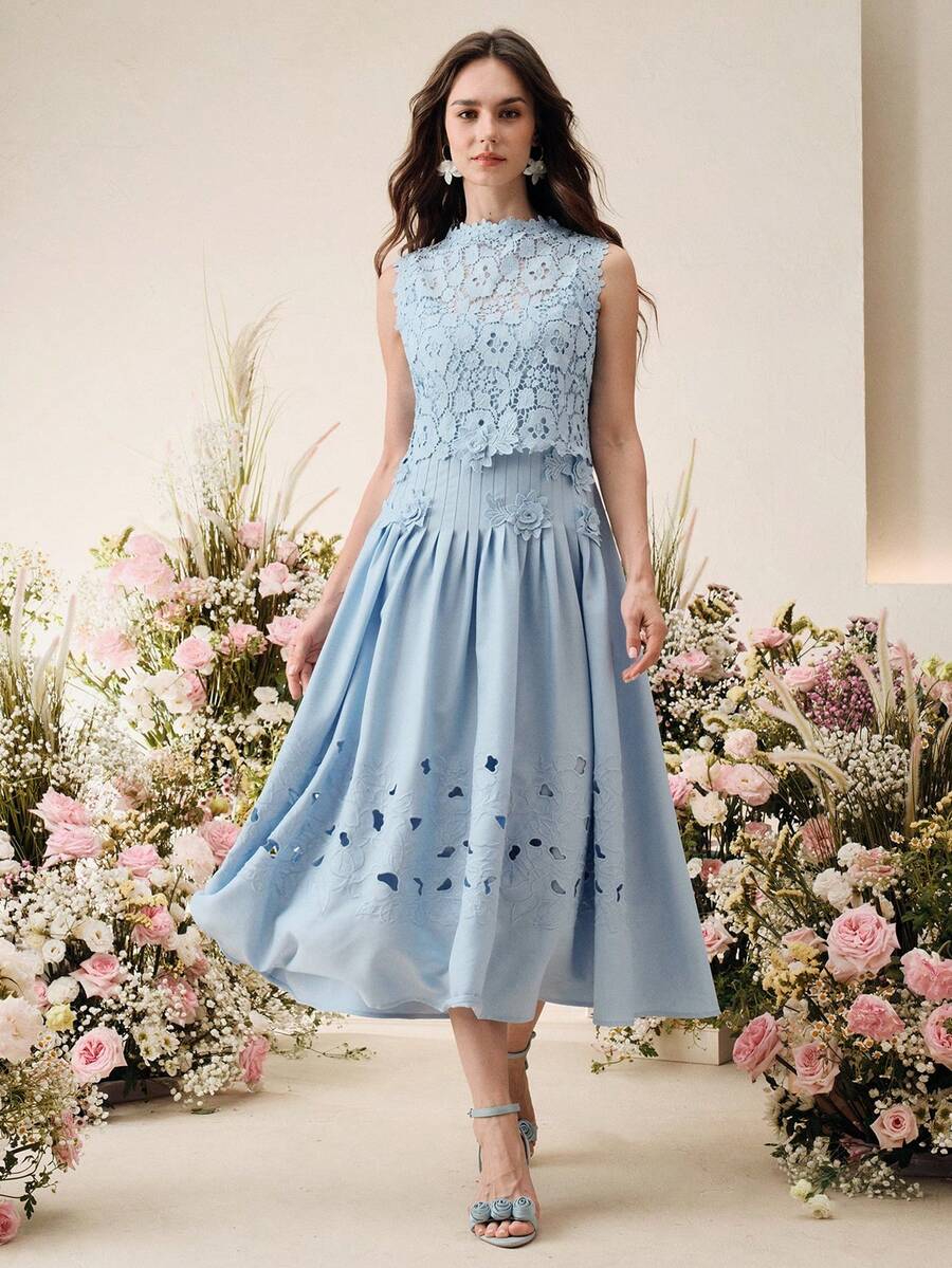 SHEIN Anewsta فستان أنيق مطرز بالزهور بدون أكمام