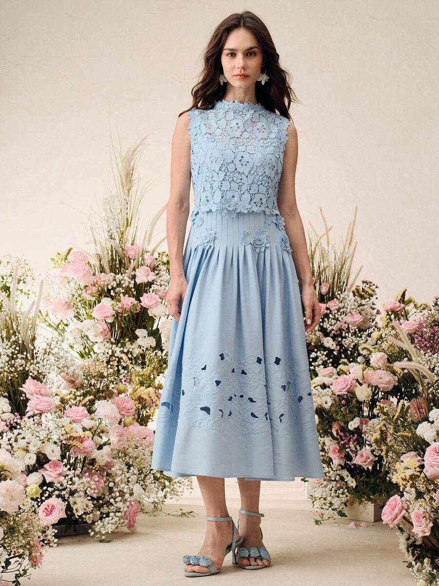 SHEIN Anewsta فستان أنيق مطرز بالزهور بدون أكمام