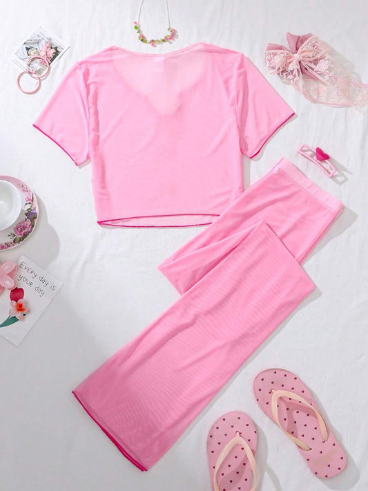 SHEIN PetitDoll بيجامة قطعتين توب قصير بياقة مستديرة وعقدة مع بنطلون طويل