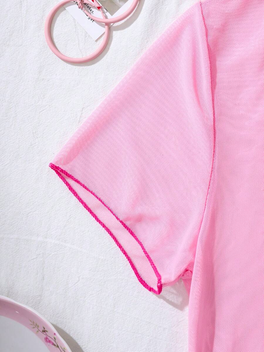 SHEIN PetitDoll بيجامة قطعتين توب قصير بياقة مستديرة وعقدة مع بنطلون طويل