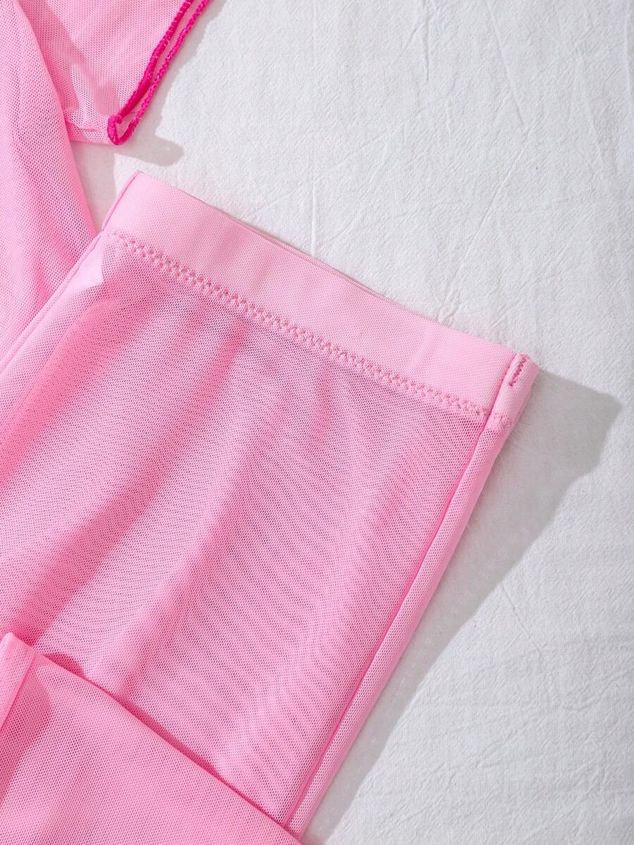 SHEIN PetitDoll بيجامة قطعتين توب قصير بياقة مستديرة وعقدة مع بنطلون طويل