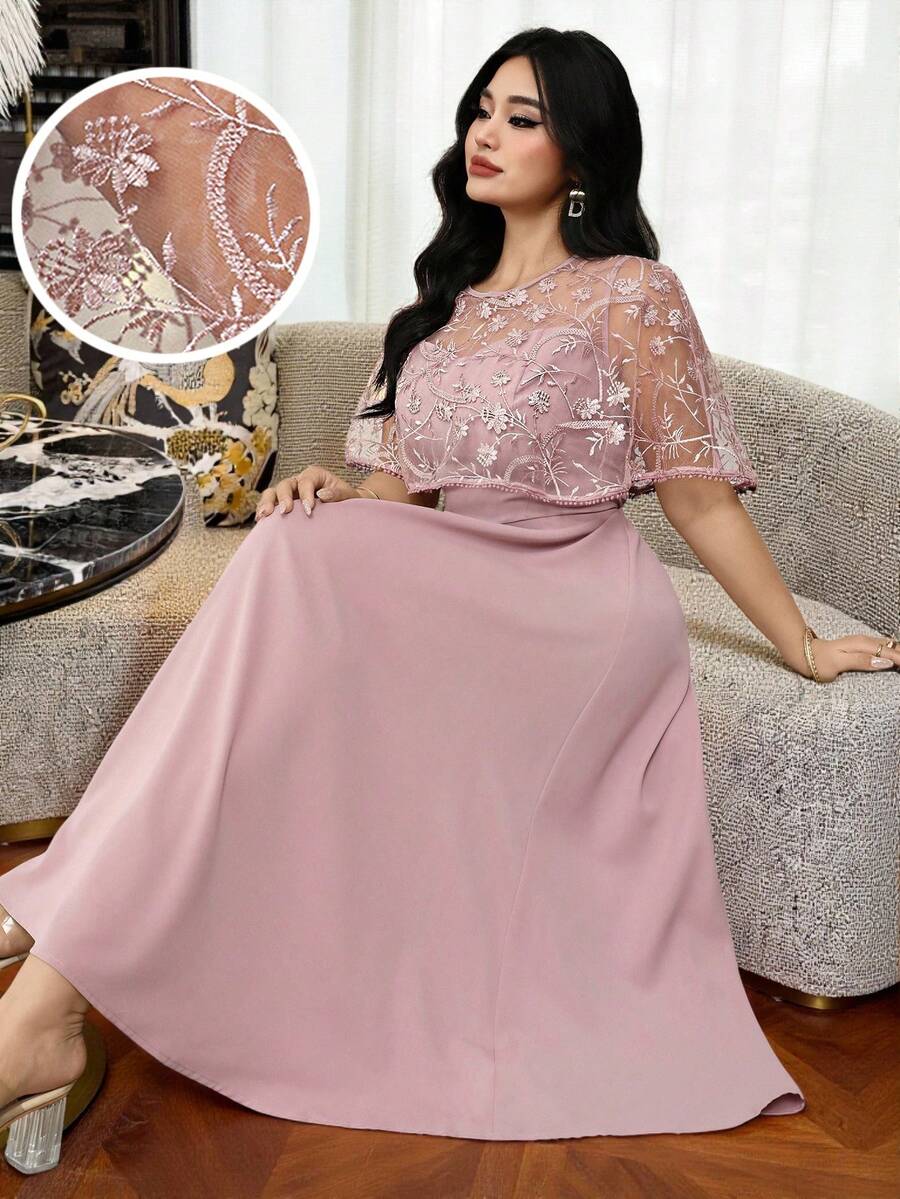 SHEIN Modelyn فستان وردي للمقاسات كبيرة بتطريز زهري وخصر مشدود