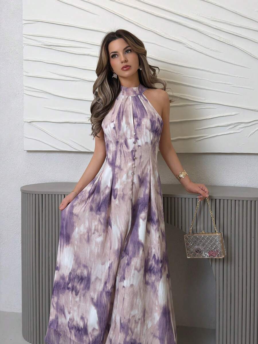 SHEIN Jemour فستان ماكسي بنفسجي بياقة عالية وربطة عنق وخصر مربوط