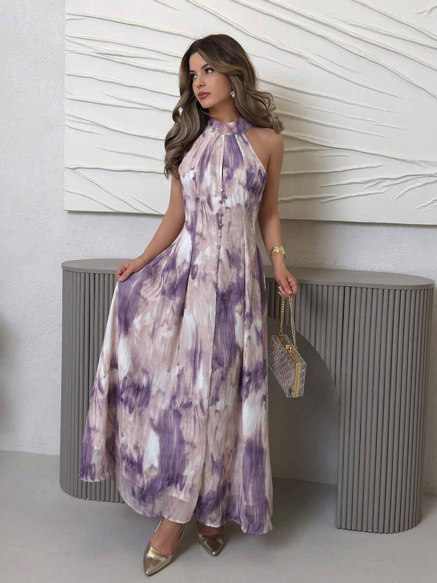 SHEIN Jemour فستان ماكسي بنفسجي بياقة عالية وربطة عنق وخصر مربوط